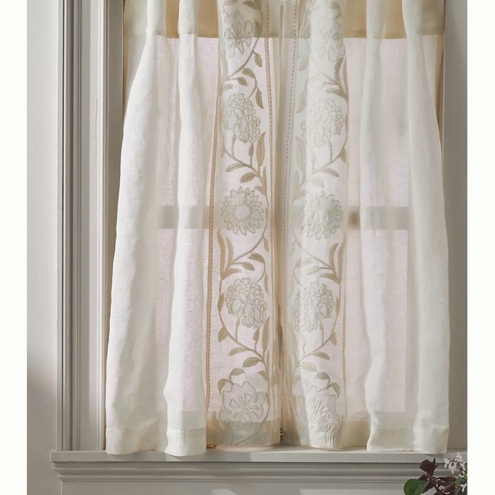 Anthropologie Embroidered Manette Cotton Linen Sheer Café Curtains, Set of 2 - Picture 5 of 8